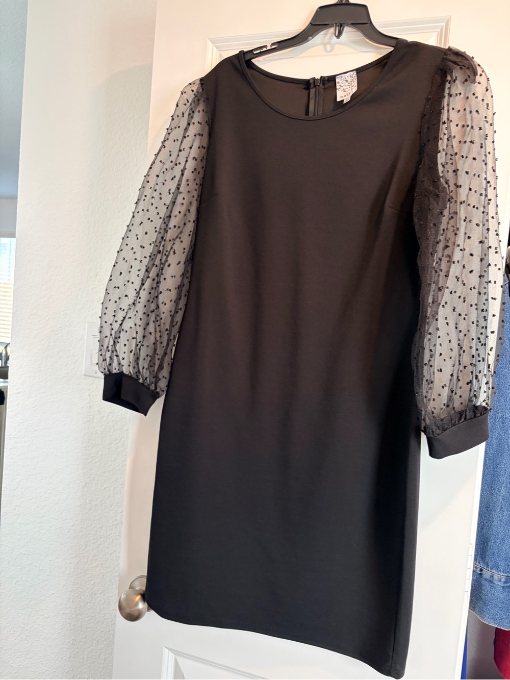 NAIF Black Mini Dress with Sheer Polka-Dot Puff Sleeves